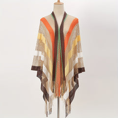 Boho Hollow Out Knitted Shawl Rainbow Striped Tassel Wrap Cover Up