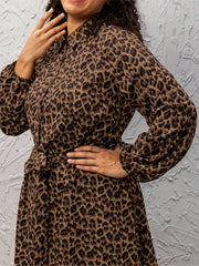 Leopard Print Long Sleeve Maxi Shirt Dress With Belt