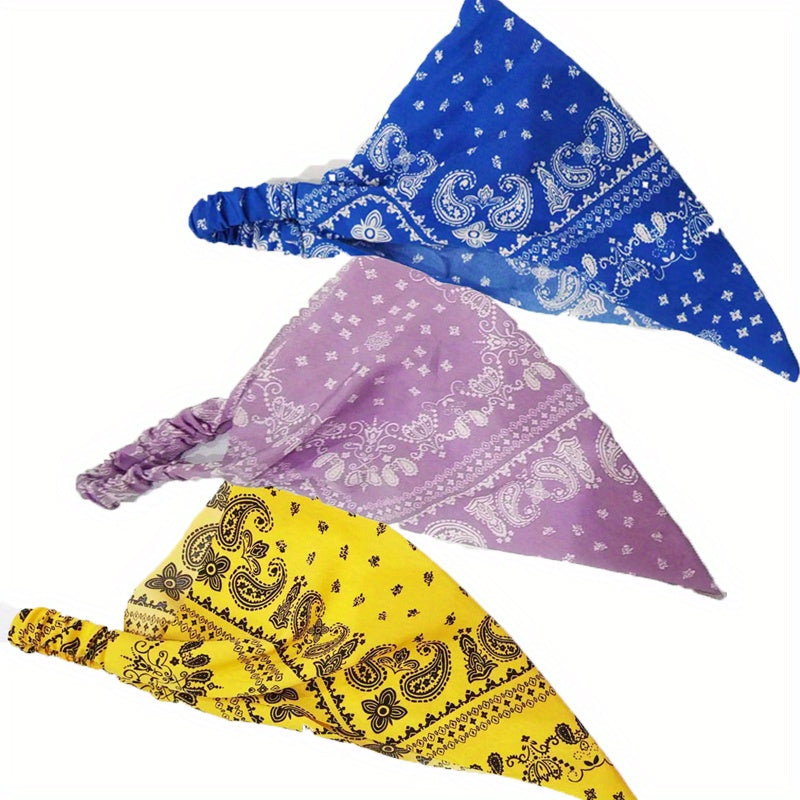 3pcs Paisley Print Bandanas Elastic Triangle Scarf Headband Boho Kerchief