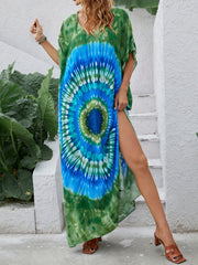 Boho Cover Up Dress Bat Sleeve V Neck Tie Dye Slight Stretch