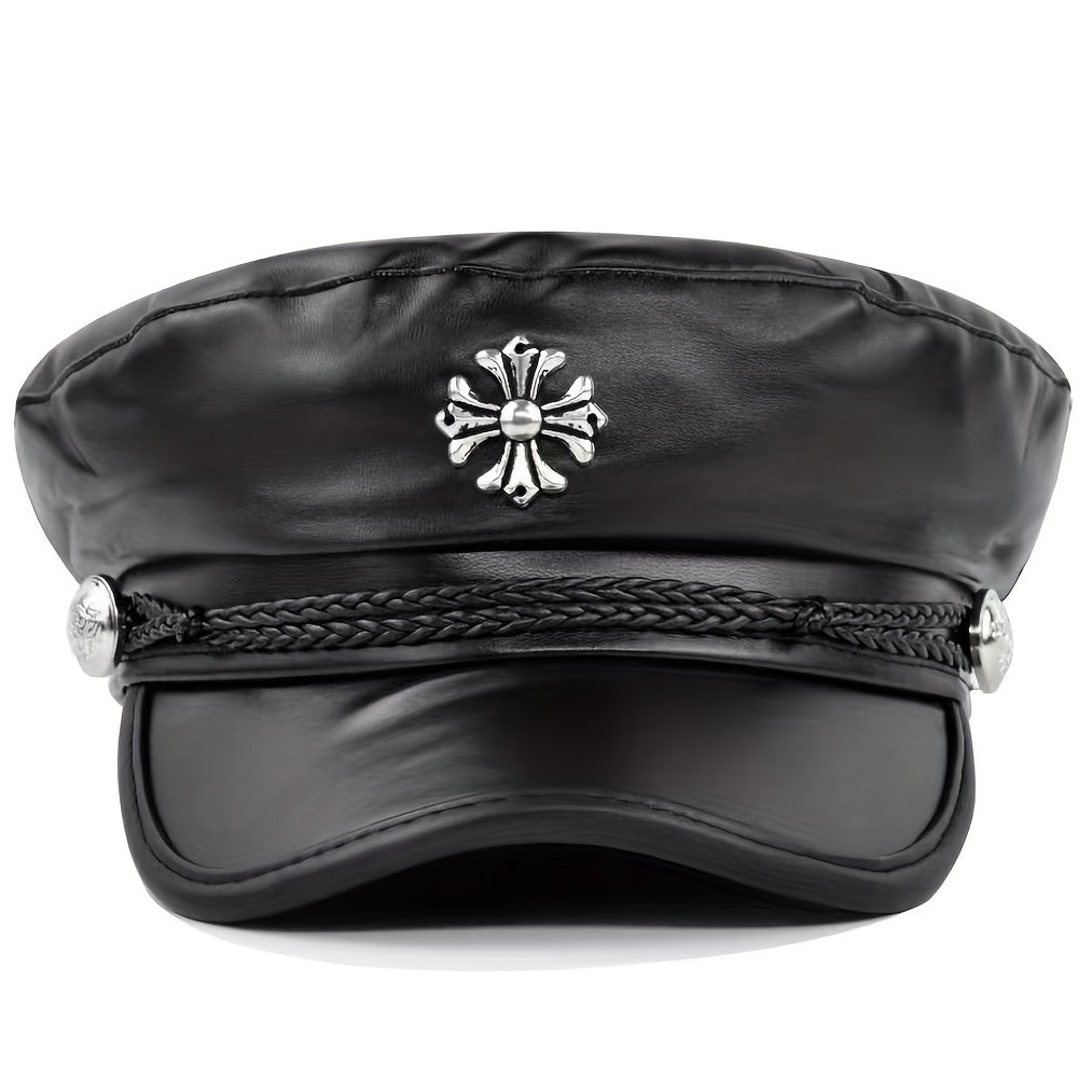 Gothic Cross Patch Beret PU Leather Sailor Hat
