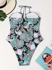 Boho Swimsuit Paisley Print Halter One Piece Bathing Suit
