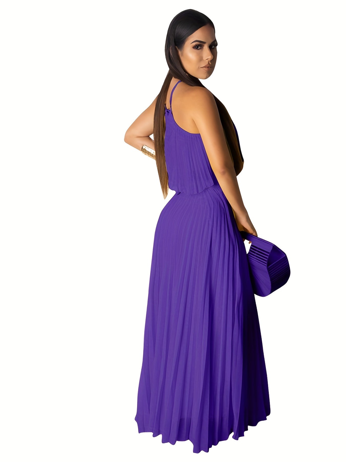 Solid Pleated Two piece Set Sleeveless Cropped Cami Top & High Waist Maxi Skirts