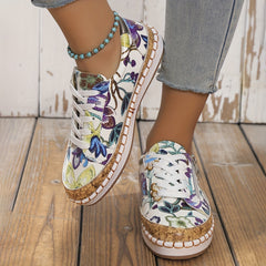 Women's Floral Print Sneakers Lace Up Side Zipper Low Top Shoes