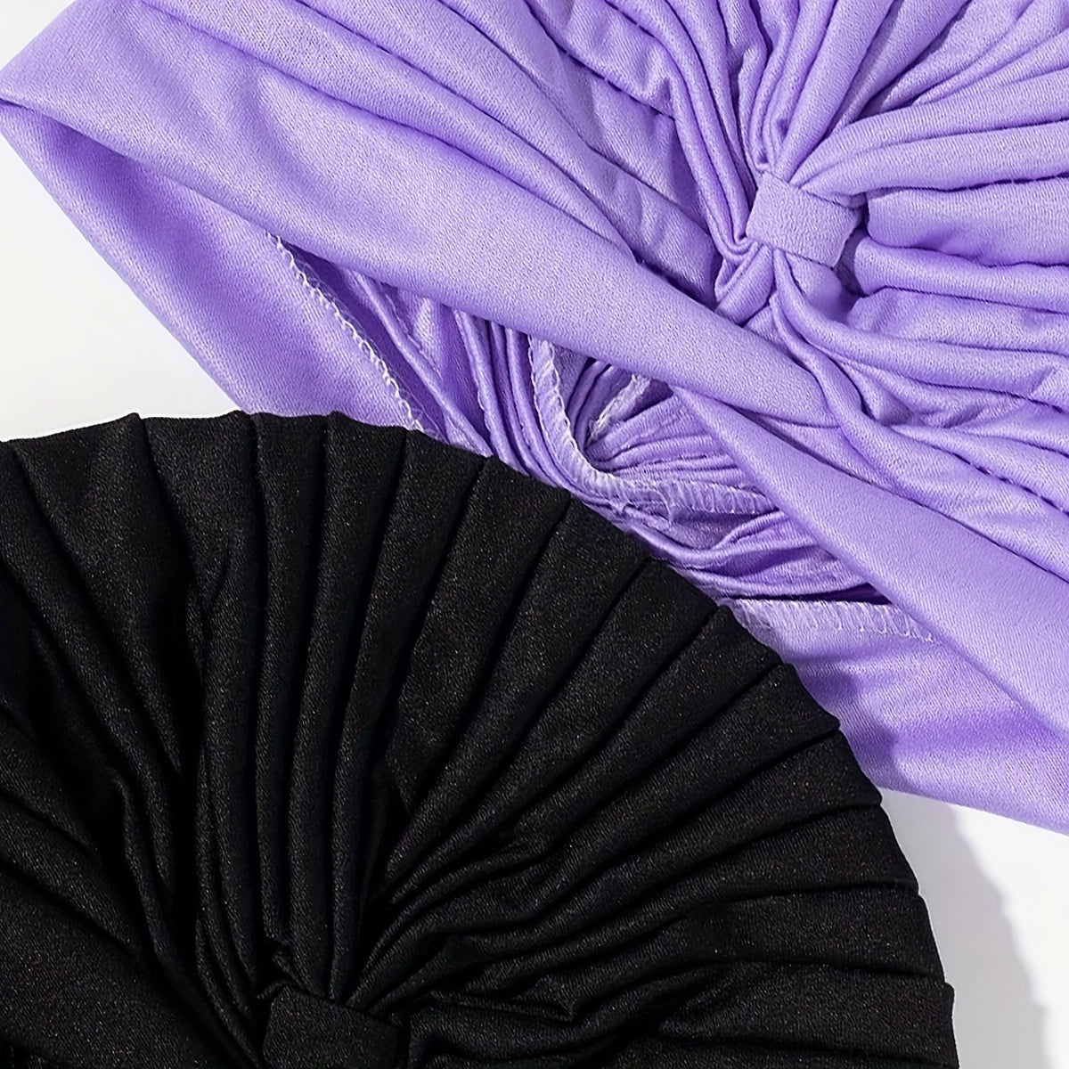 2pcs Purple & Turban Cap BowKnot Pleated Head Wraps Elastic Ramadan Head Scarf