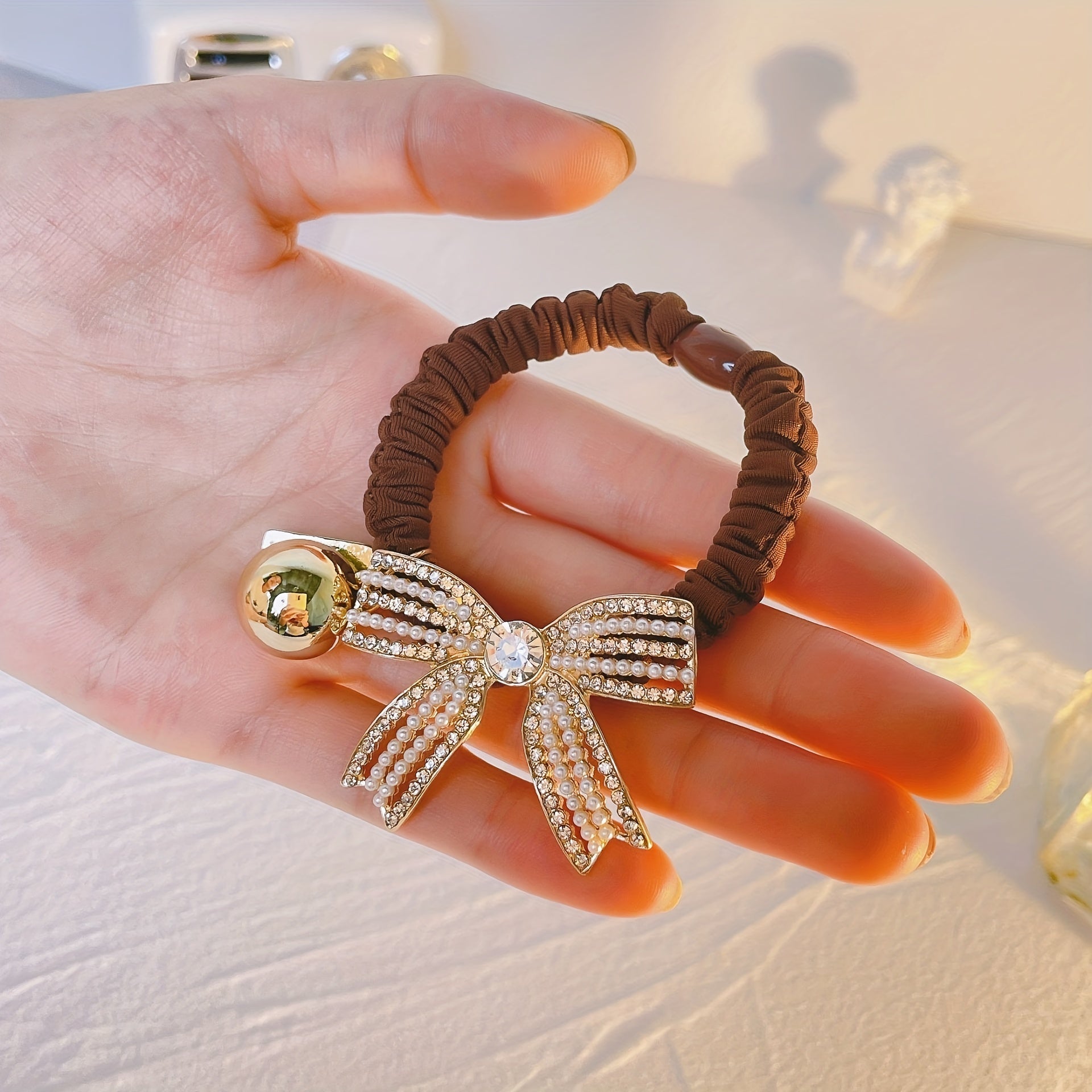 Golden Bead Rhinestone Bow Scrunchies Hair Ties Ponytail Holder
