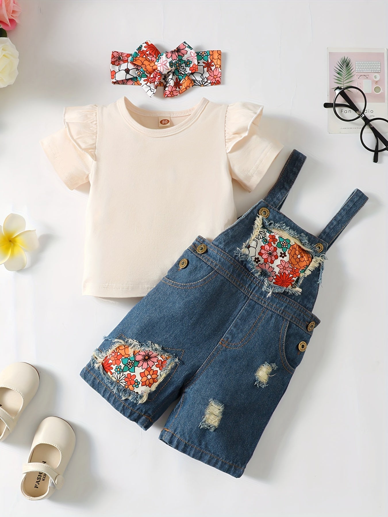 3pc Toddler Girls Ruffle Trim T Shirt Tops & Sunflower Ripped Overalls Set