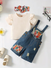3pc Toddler Girls Ruffle Trim T Shirt Tops & Sunflower Ripped Overalls Set