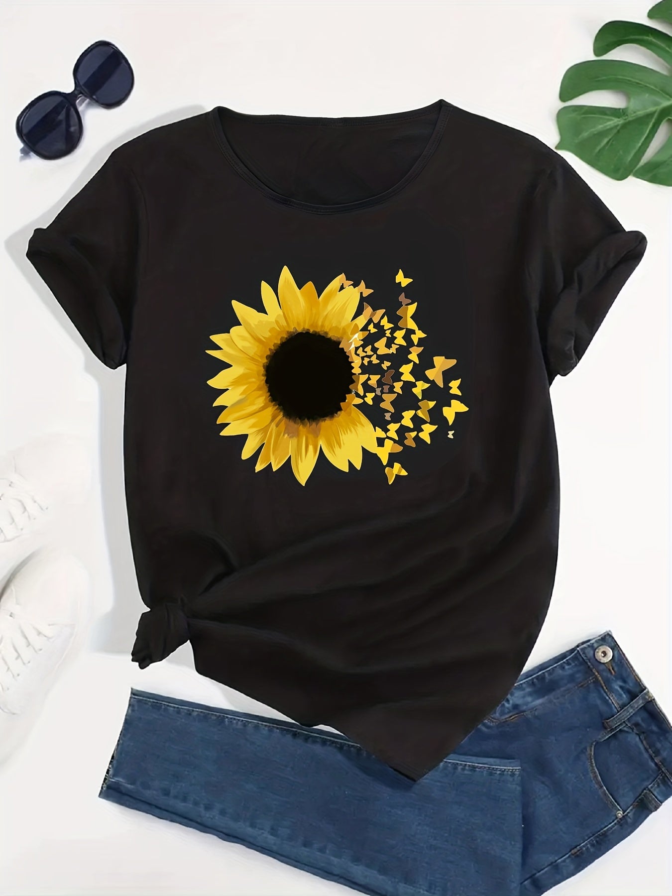 Sunflower Graphic Sports T-shirt Butterfly Print Casual Top