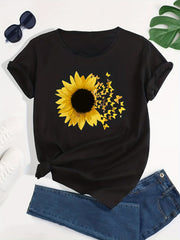 Sunflower Graphic Sports T-shirt Butterfly Print Casual Top