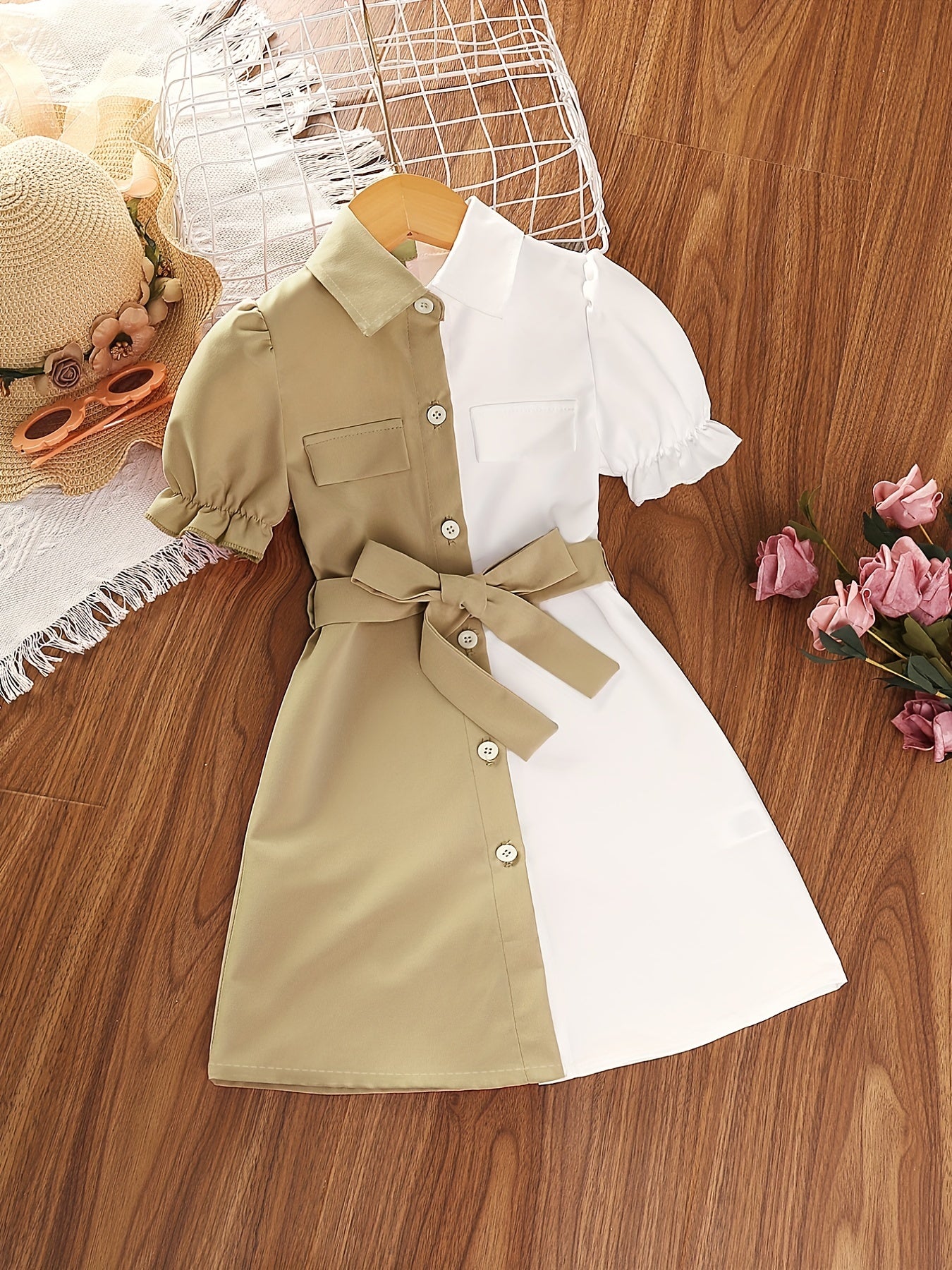 Girls Causal Block Puff Sleeve Button Down Lapel Dress With Belt