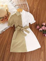 Girls Causal Block Puff Sleeve Button Down Lapel Dress With Belt