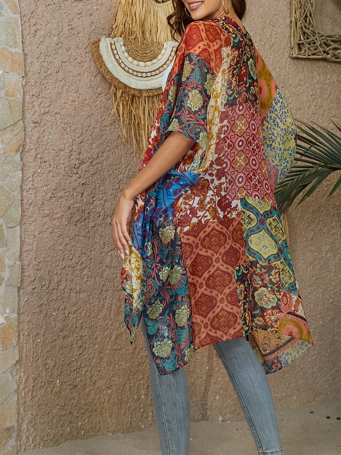 Boho Cover Up Women's Plus Floral Print Bat Sleeve Open Front