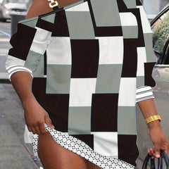 Colorblock Geometric Print One Shoulder Dress