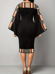 Geometric Print Bell Sleeve Midi Dress