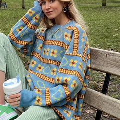 Colorblock Floral Print Long Sleeve Sweater