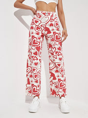 Heart Pattern High Waist Wide Leg Jeans Loose Fit Denim Pants