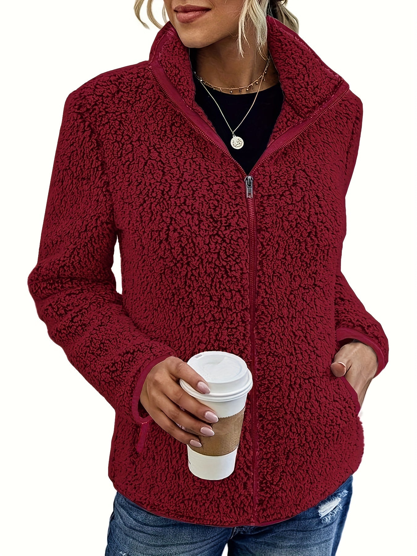 Solid Teddy Jacket Stand Collar Warm Outerwear Women's Clothing