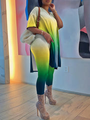 Gradient Casual 2pc Set V Neck Short Sleeve Top & Pants