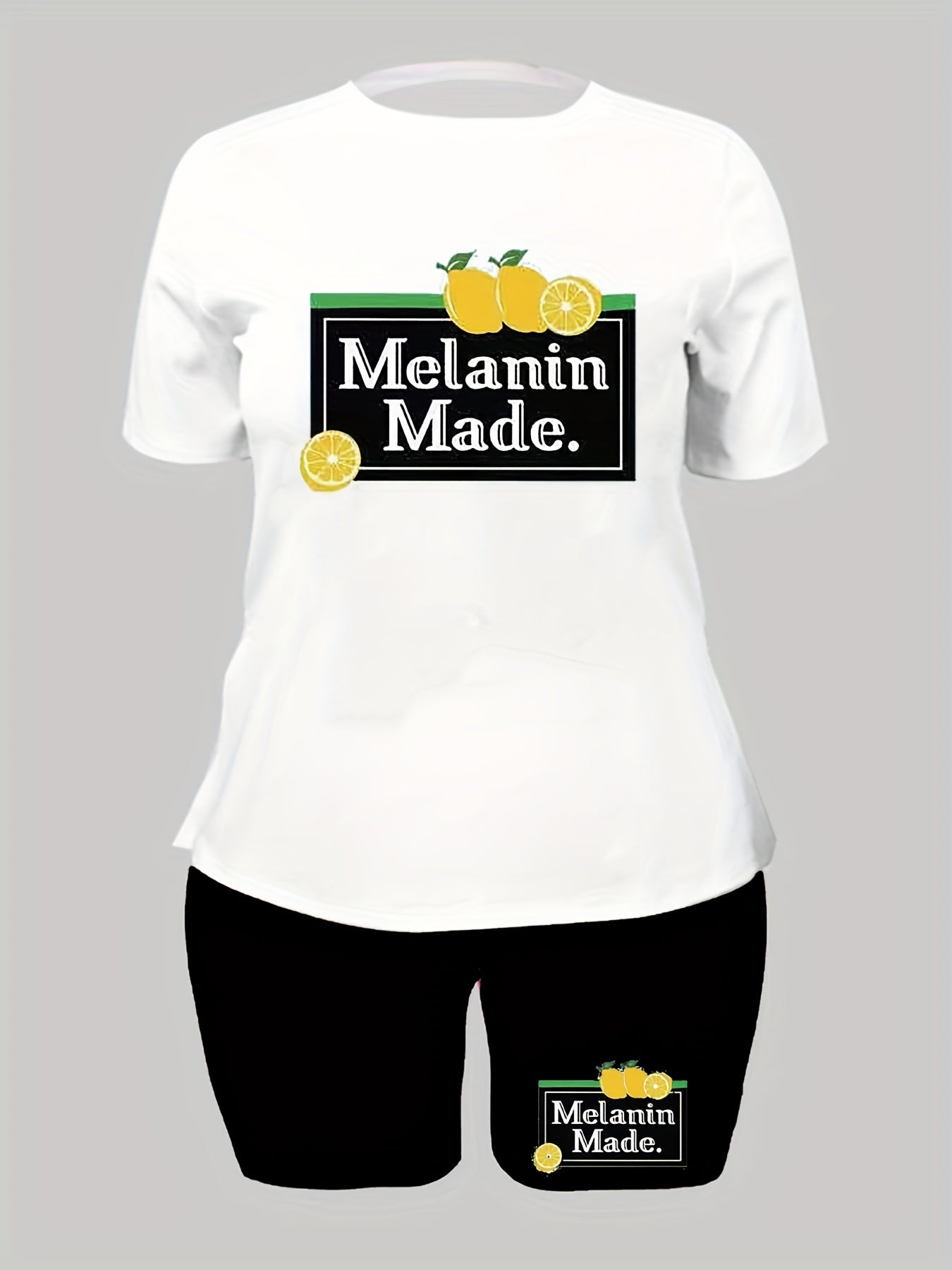 Women's Plus Lemon & Letter Print Short Sleeve Top & Shorts Two Piece Set