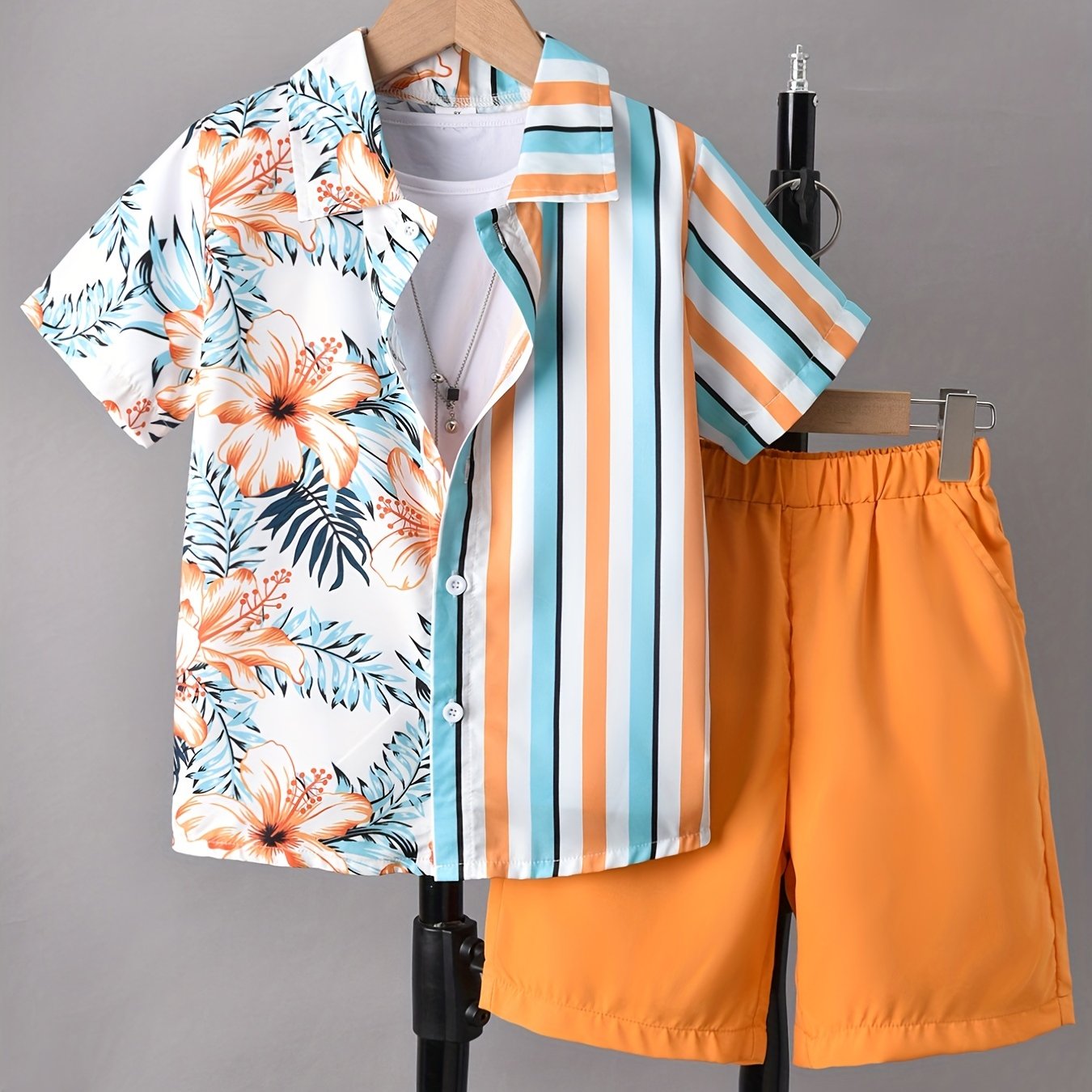 Boys Hawaii Leaf Print Shirt&Shorts Set Summer Kids Clothing