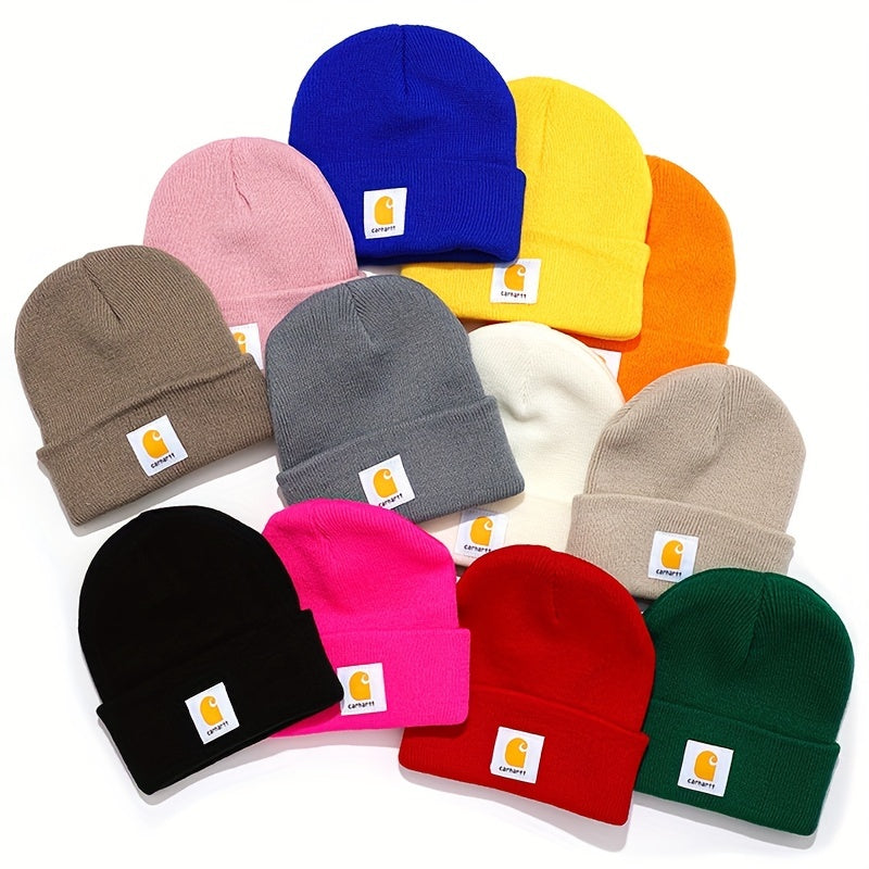 Classic Label Patch Beanie Unisex Candy Knit Hat Elastic Lightweight