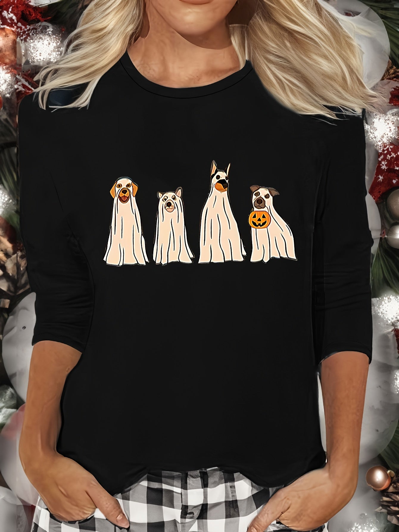 Dog Print Lounge Top Long Sleeve Crew Neck Women's Sleepwear Pajama