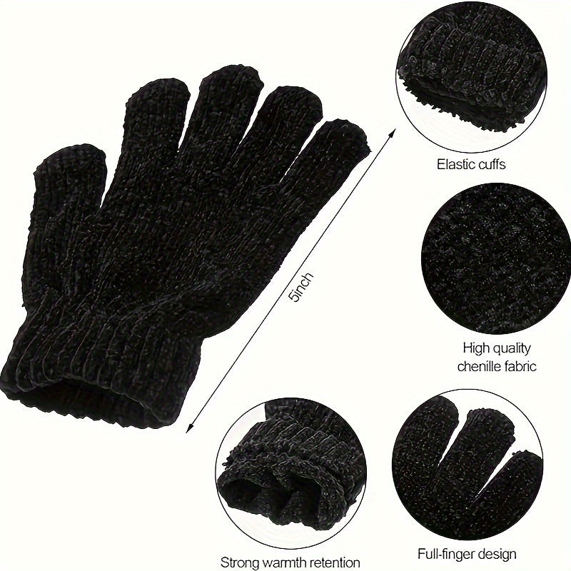 6 Pairs Winter Chenille Gloves for Kids Gray Red Dark Cozy Warm Stretchy