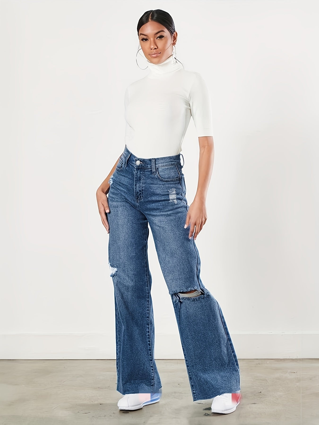 Raw Cut Straight Jeans Loose Fit Ripped Holes Non Stretch Casual Wide Legs Jeans