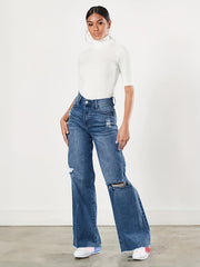 Raw Cut Straight Jeans Loose Fit Ripped Holes Non Stretch Casual Wide Legs Jeans