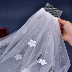 Royal Floral Bridal Veil with Pearl Detailing for Women