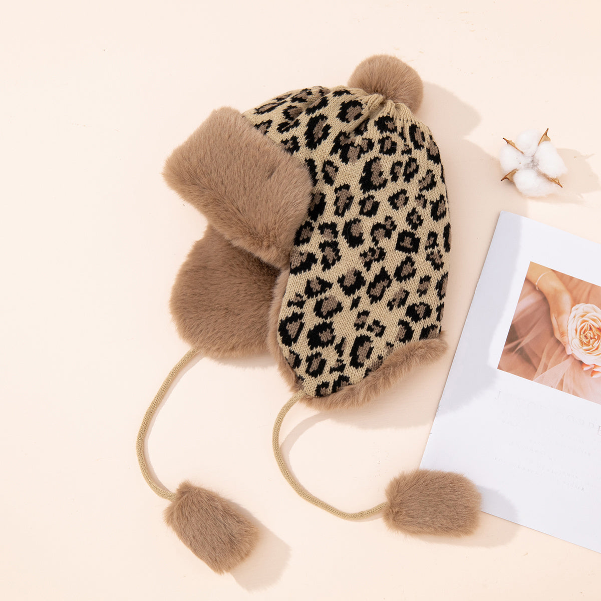 Leopard Print Fleece Lined Hat with Pom Pom