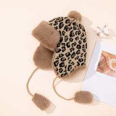 Leopard Print Fleece Lined Hat with Pom Pom