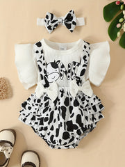 Cow Print Sleeveless Romper Set for Baby Girls