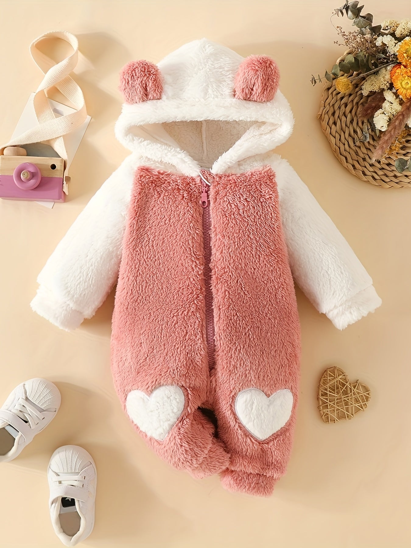 Baby Girls Fur Love Embroidered Jumpsuit Hooded Long Sleeve Bodysuit