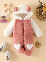 Baby Girls Fur Love Embroidered Jumpsuit Hooded Long Sleeve Bodysuit