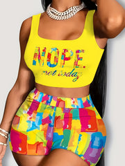 Letter Print Crop Tank Top & Allover Print Biker Shorts Set