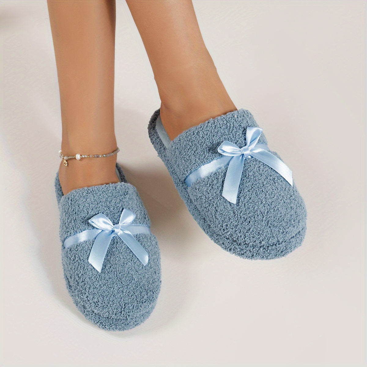 Women's Bow Knot Slippers Closed Toe Indoor Shoes Lined Comfortable Warm Bedroom