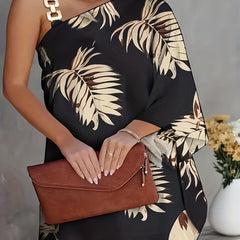 Women's Plus Size Leaf Print One Shoulder Mini Dress