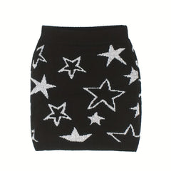 Star Pattern Knit Short Skirt Elastic Waist Spring/Fall Women's Clothing