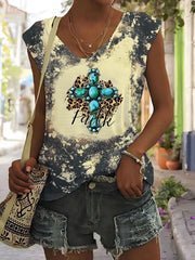 Faith Letter Print Tank Top Vintage V Neck Summer Sleeveless Tank Top