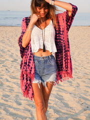 Tie Dye Print Tassel Trim Open Front Cover Up Cardigan Loose Fit