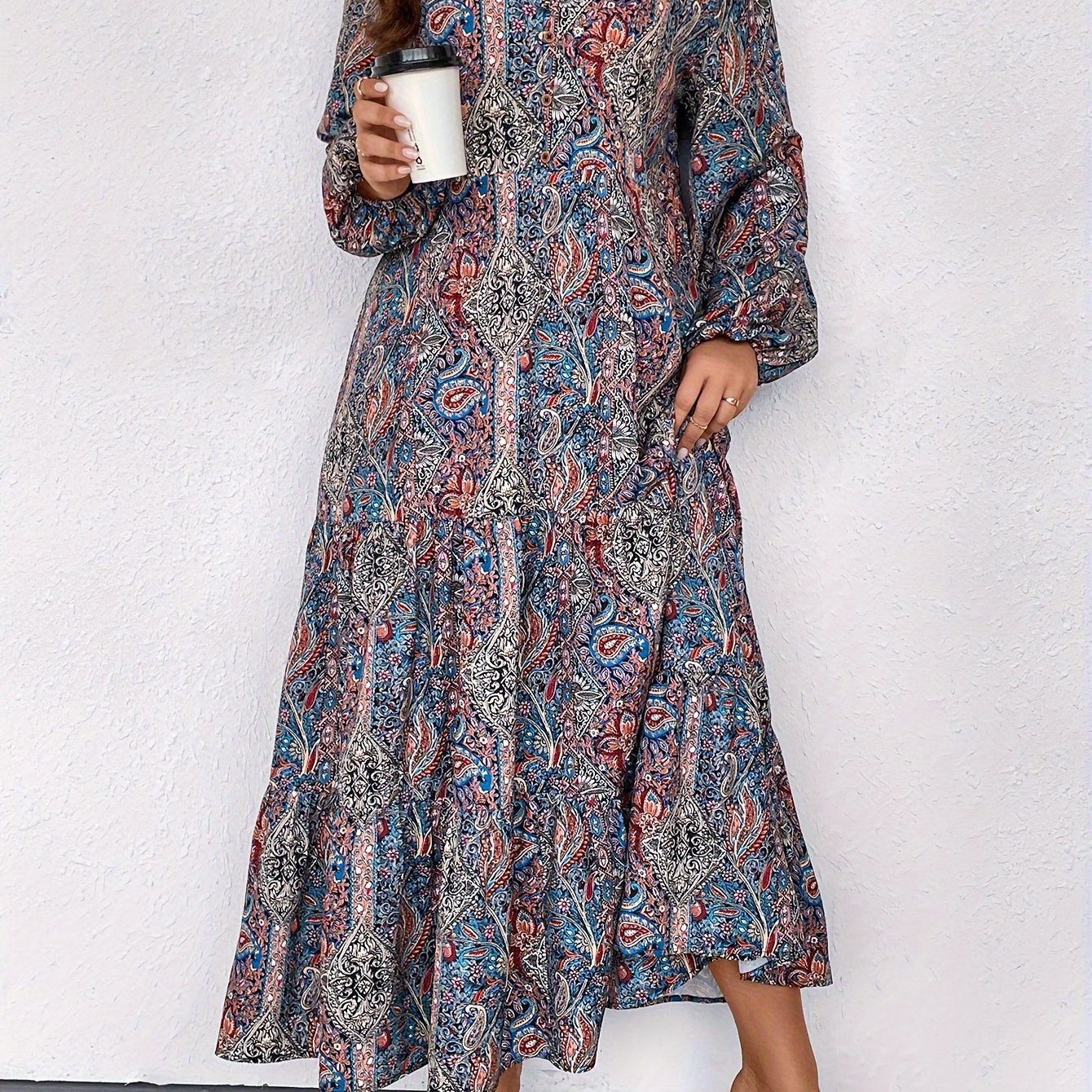Allover Paisley Print Maxi Smock Dress