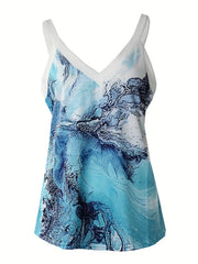 Graphic Print V Neck Top Summer Sleeveless Casual Top