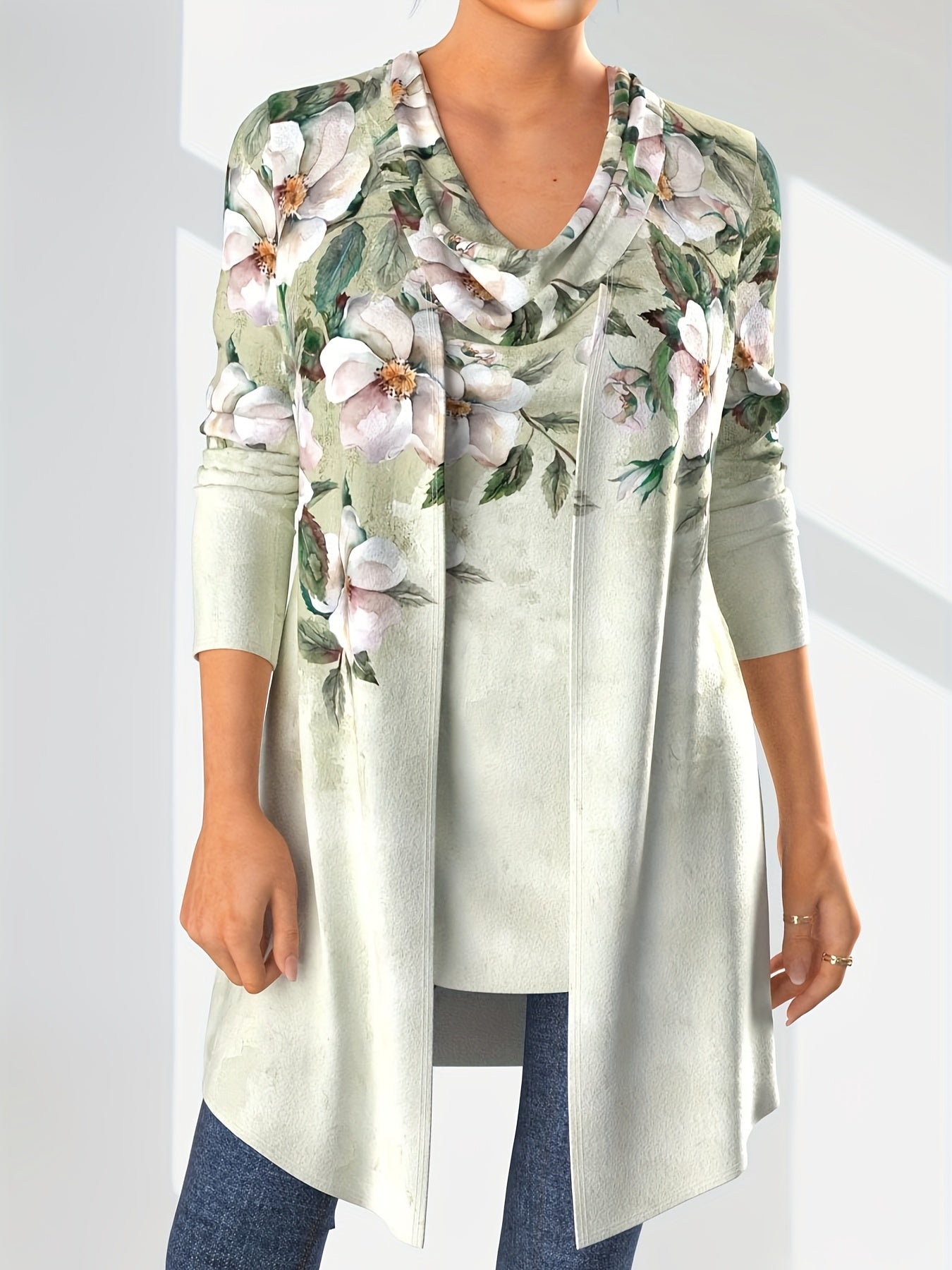 Women's Plus Floral Print Cowl Neck Tank Top & Long Sleeve Coat 2 Piece Set
