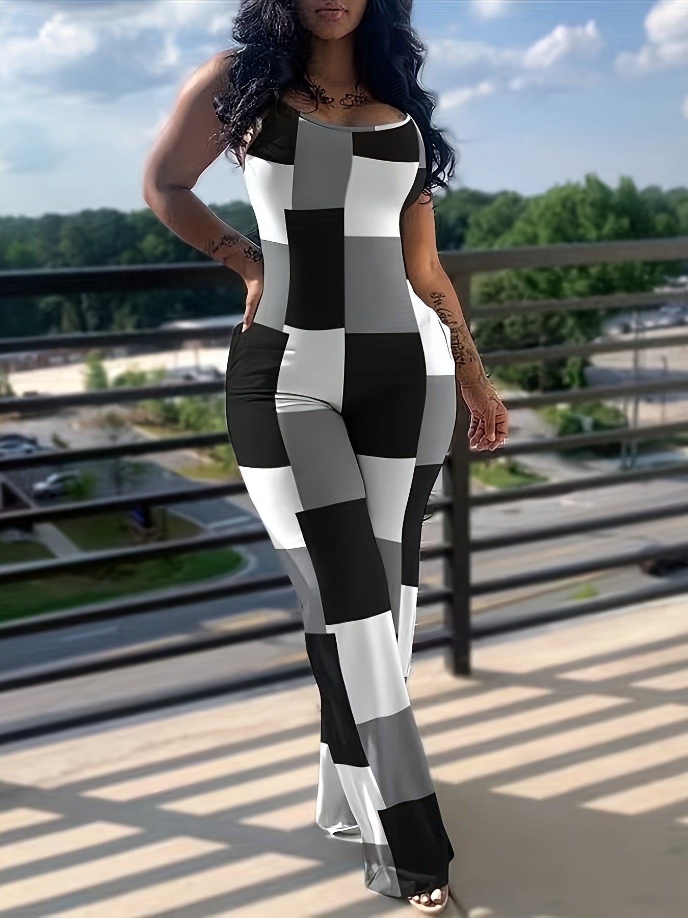 Graphic Print Wide Leg Cami Jumpsuit Sleeveless Pockets for Women