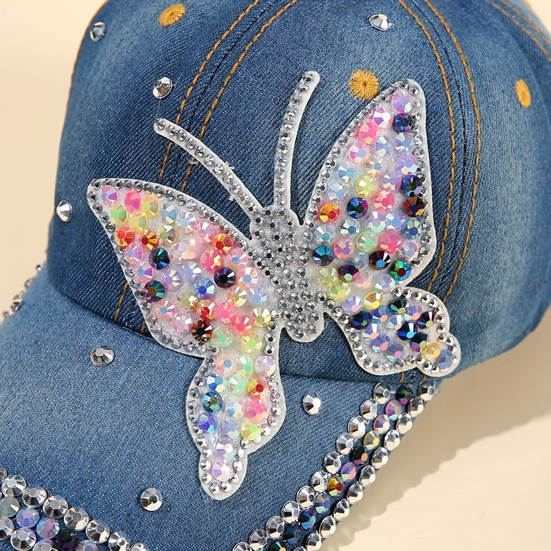 Rhinestone Butterfly Patch Baseball Cap Denim Distressed Dad Hat