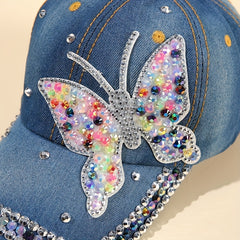 Rhinestone Butterfly Patch Baseball Cap Denim Distressed Dad Hat
