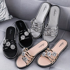 Rhinestone Flat Slides Open Toe Non Slip Shoes