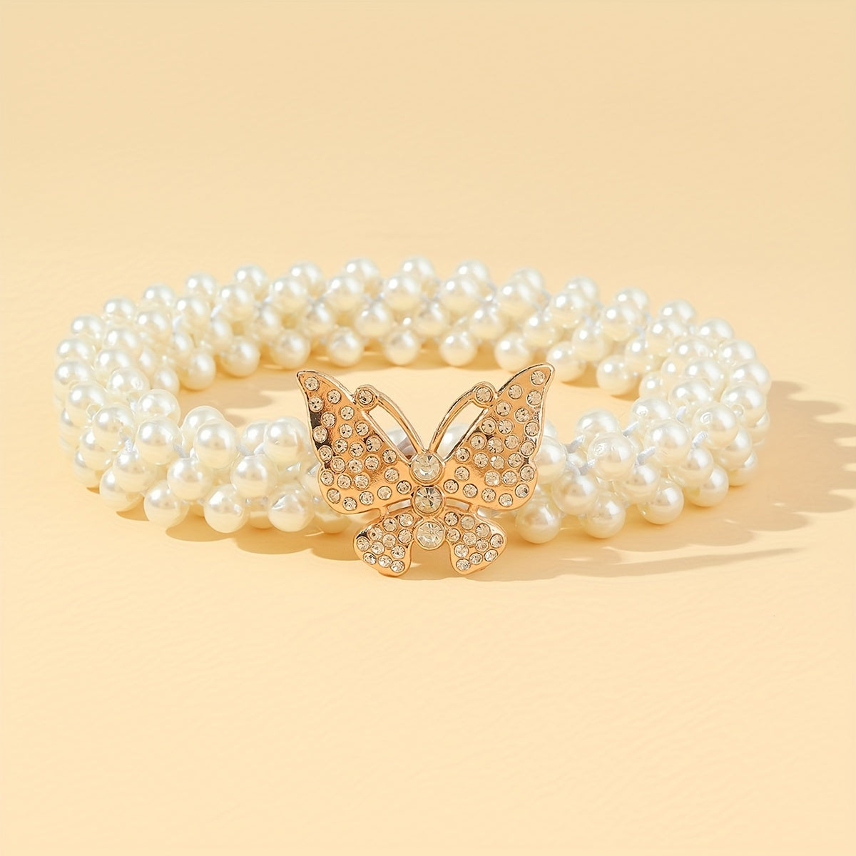 Butterfly Buckle Faux Pearl Belt Rhinestone Decor Elastic Waistband